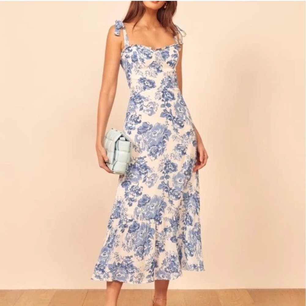 Reformation Nikita Midi Dress Womens 2 Blue Floral Toile Romantic Summer - Picture 3 of 9